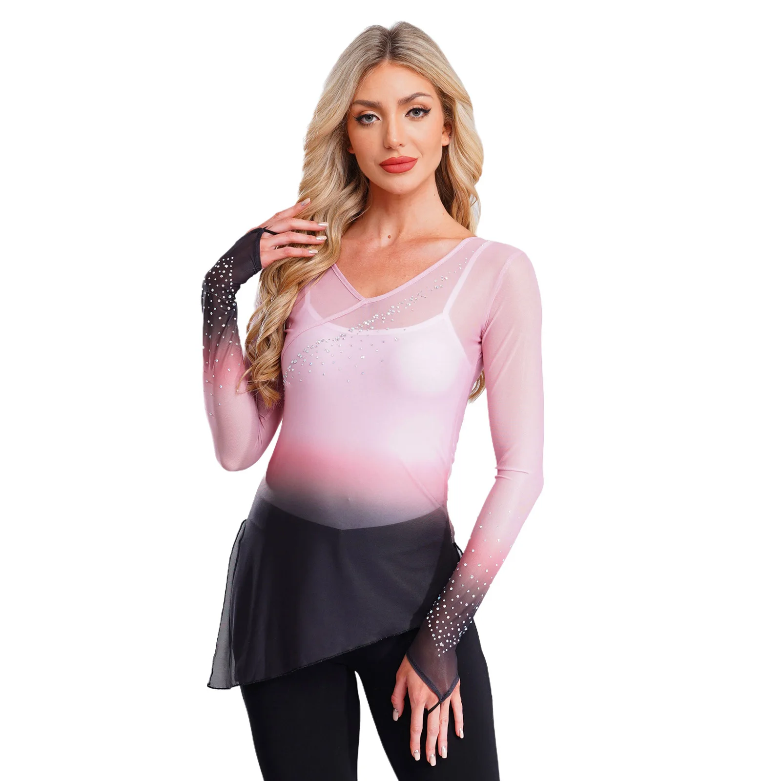 زي أداء ممارسة الرقص الكلاسيكي للسيدات للبالغين بأكمام طويلة وأحجار الراين اللامعة المتدرجة بقماش شفاف ملابس لليوجا