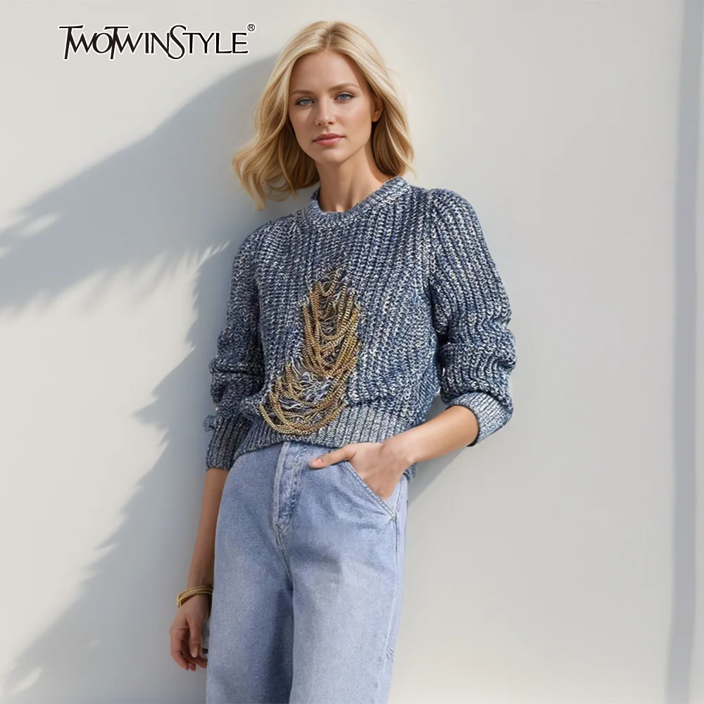 

TWOTWINSTYLE Knitting Sweater For Women Round Neck Long Sleeve Patchwork Chain Hollow Out Casual Sweaters Female Autumn 2022 New