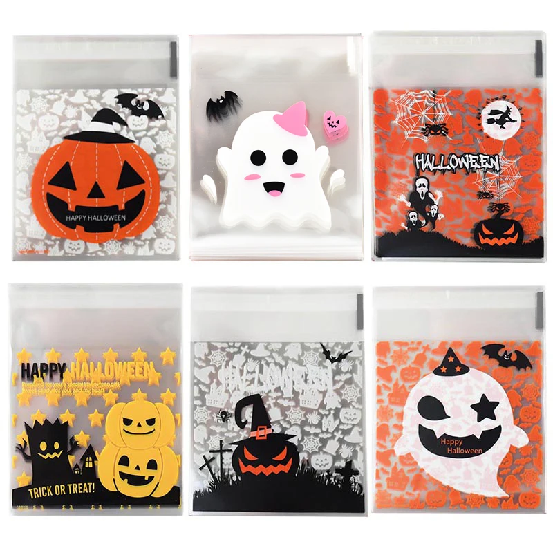 50 stücke Halloween Süßigkeiten Tasche Mit Klebstoff Kinder Süßes Oder Saures Geist Kürbis Keks Verpackung Tasche Happy Halloween Party Dekoration