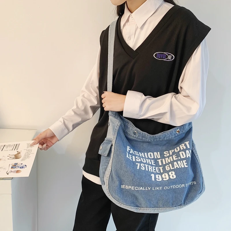 

Large Capacity Denim Shoulder Bags For Women Shopper Eco Bag Korean Letter Print Canvas Messenger Bag Y2K Satchel Female Purse