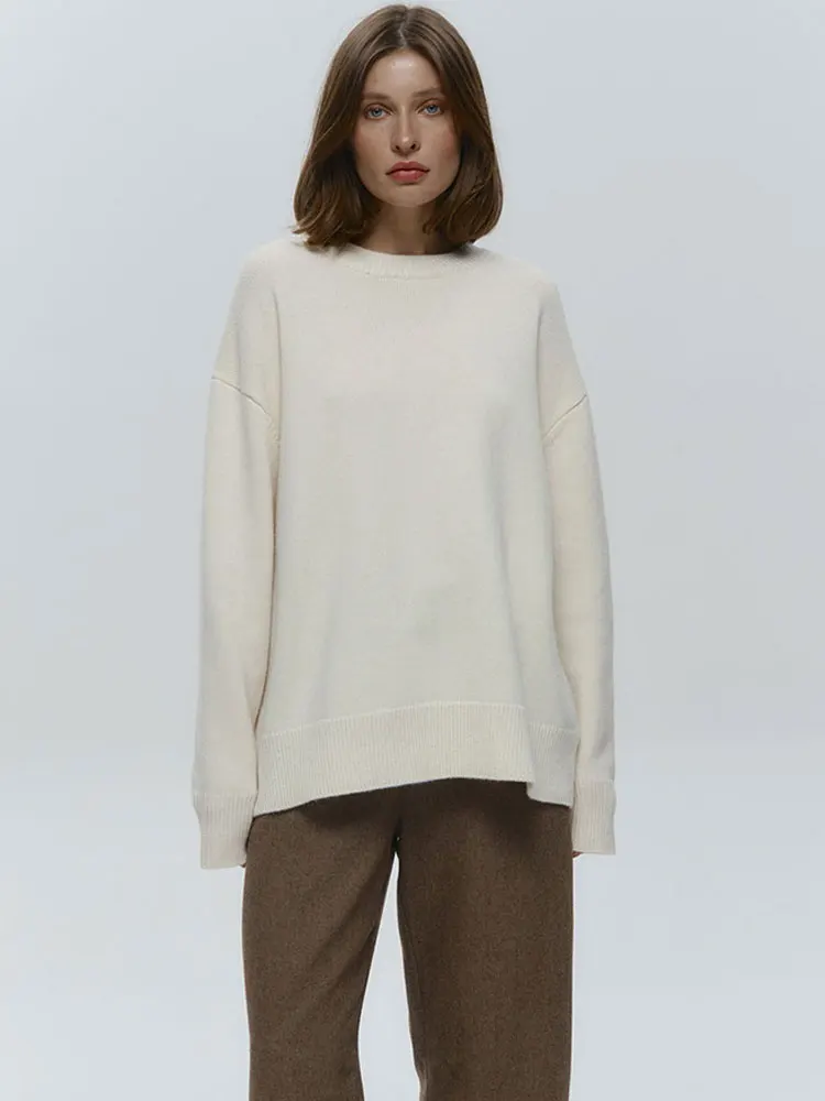 

Белый вязаный свитер-пуловер женский повседневный свободный однотонный с длинным рукавом, модный вязаный топ с пэчворком, осенний пуловер для женщин