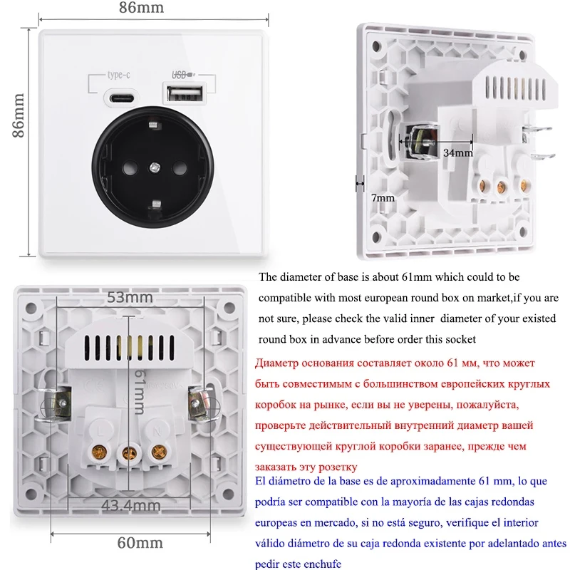 COSWALL Type-C Interface Outlet Wall EU Russia French Standard Socket With USB Charge Port Full Mirror Acrylic Panel Black White