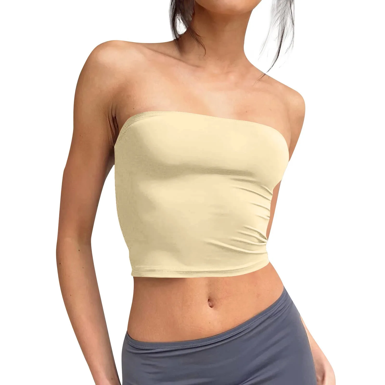 Women's Sleeveless Solid Color Bandeau Tops Strapless Navel Tops Summer Sexy Basic Backless Lightweight Camisole With Chest Pads