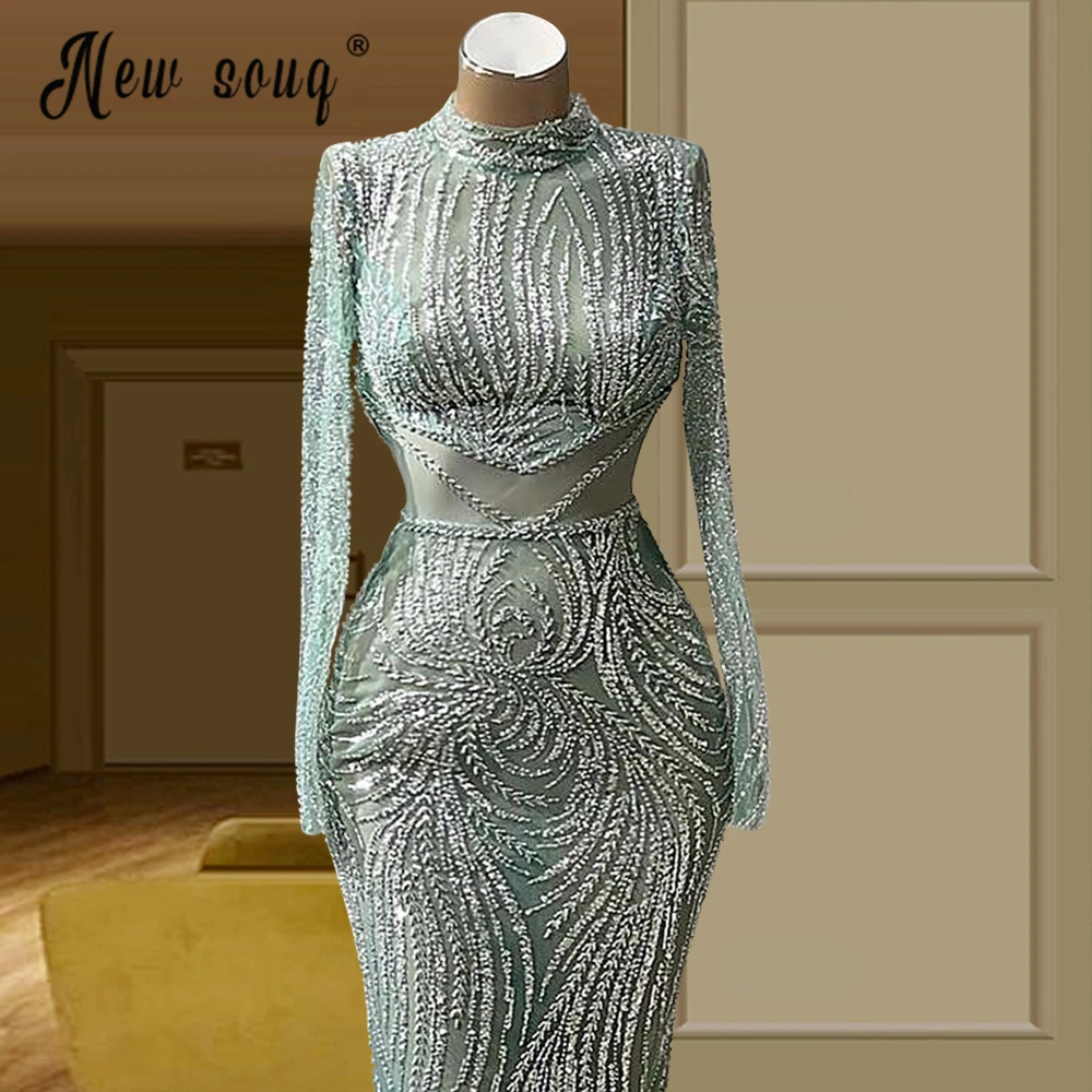 Plus Size benutzer definierte Salbei grün High Neck lange Ärmel Abendkleid muslimische Frauen Hochzeits feier Kleider arabische Roben Abschluss ball فساتبن س카رة