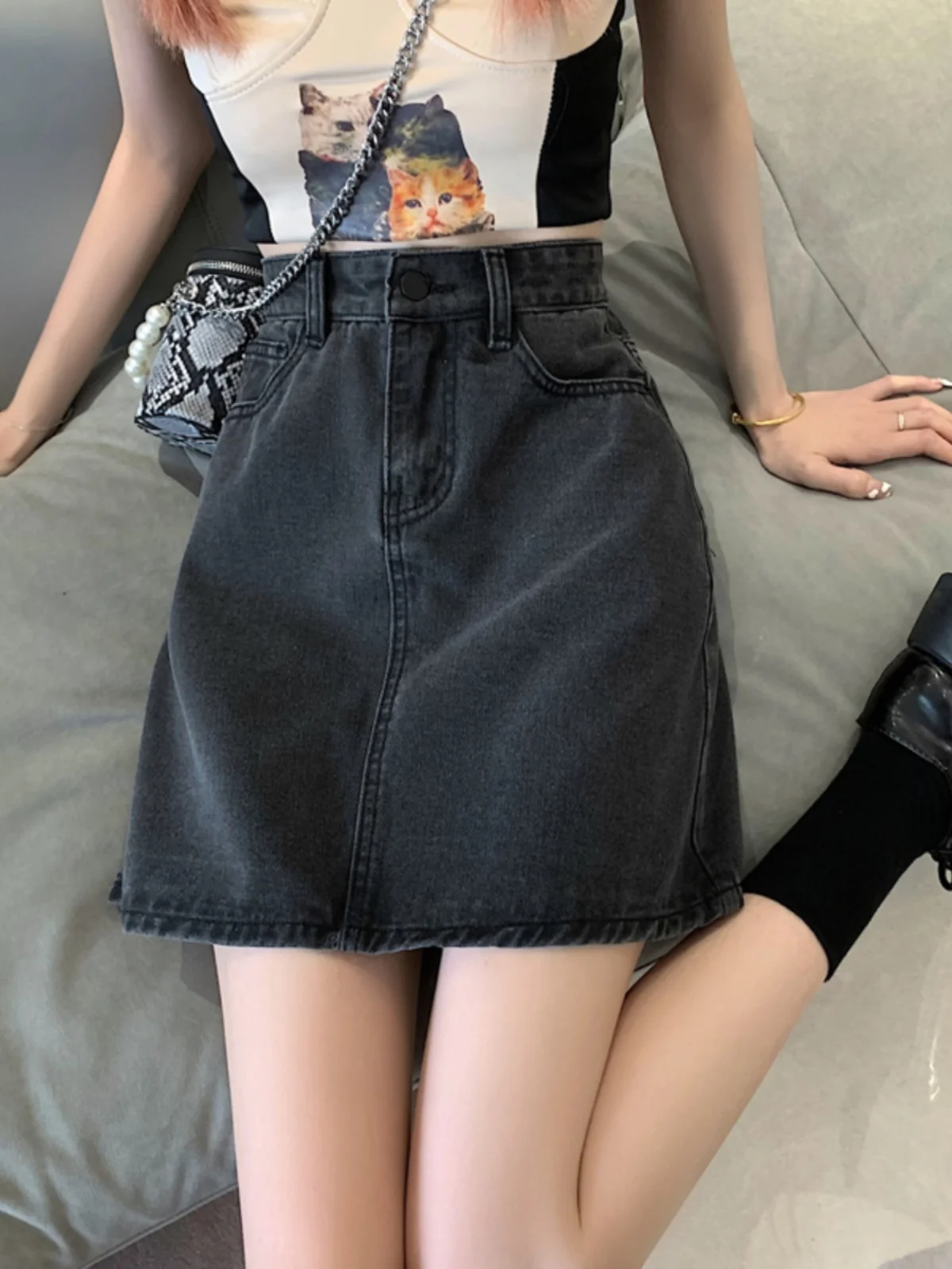 

Джинсовая юбка с высокой талией в стиле ретро, женская осенняя новая универсальная тонкая юбка трапециевидной формы, большие размеры, юбка с запахом