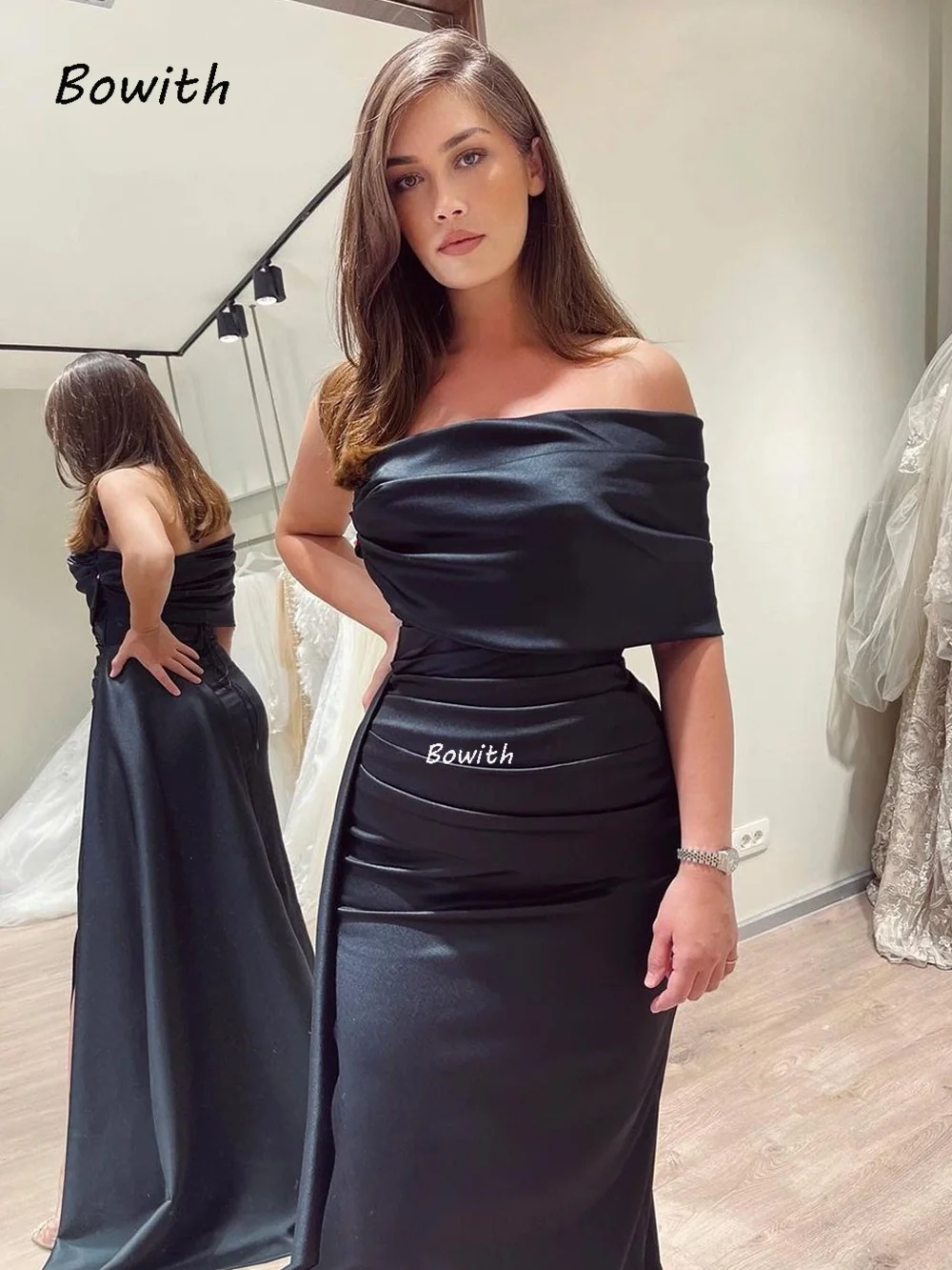 Bowith Satin Formal Evening Party Women  Dresses Pleats with Side Train Draped High Slit Prom Dress Elegant Party Gown  Wedding