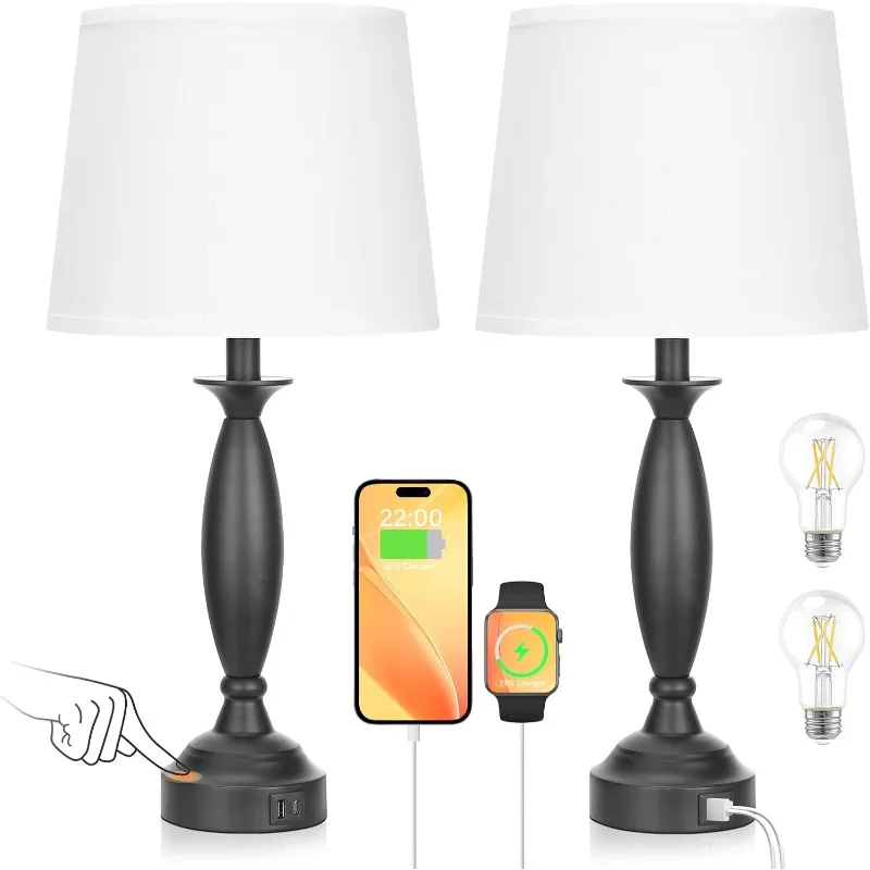

Lamps for Bedrooms Set of 2 - Touch Control Bedside Lamp with USB C+A, 3 Way Dimmable Nightstand Lamps with USB Port, Tabl