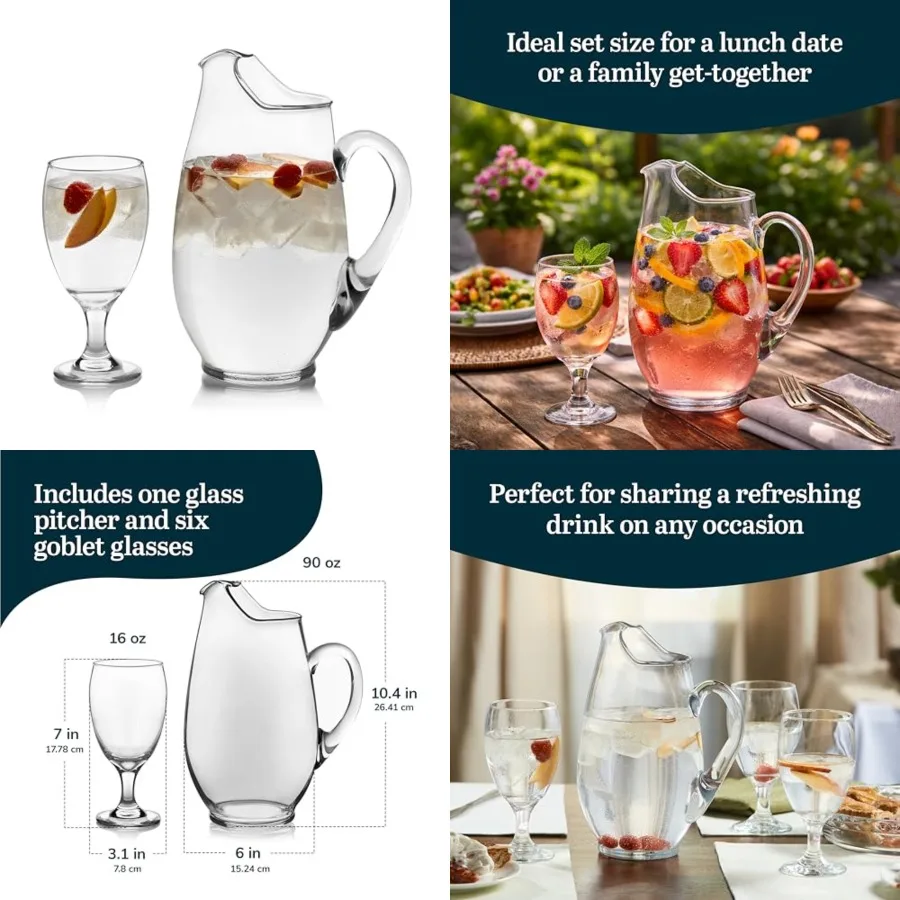 

Entertaining Set with 6 Glass Goblets 16.25 oz and 90 oz Large Glass Pitcher, Clear Elegant Water Goblets, Modern Lemonade Jar