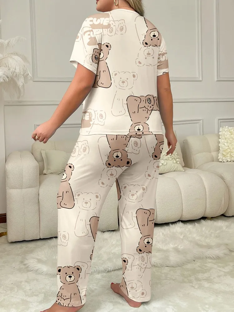 3XL 4XL 5XL Plue Size Oversized Pajama Set for Women\'s Autumn Winter Sleepwear T-shirt Trousers Cartoon Bear Printed Loungewear