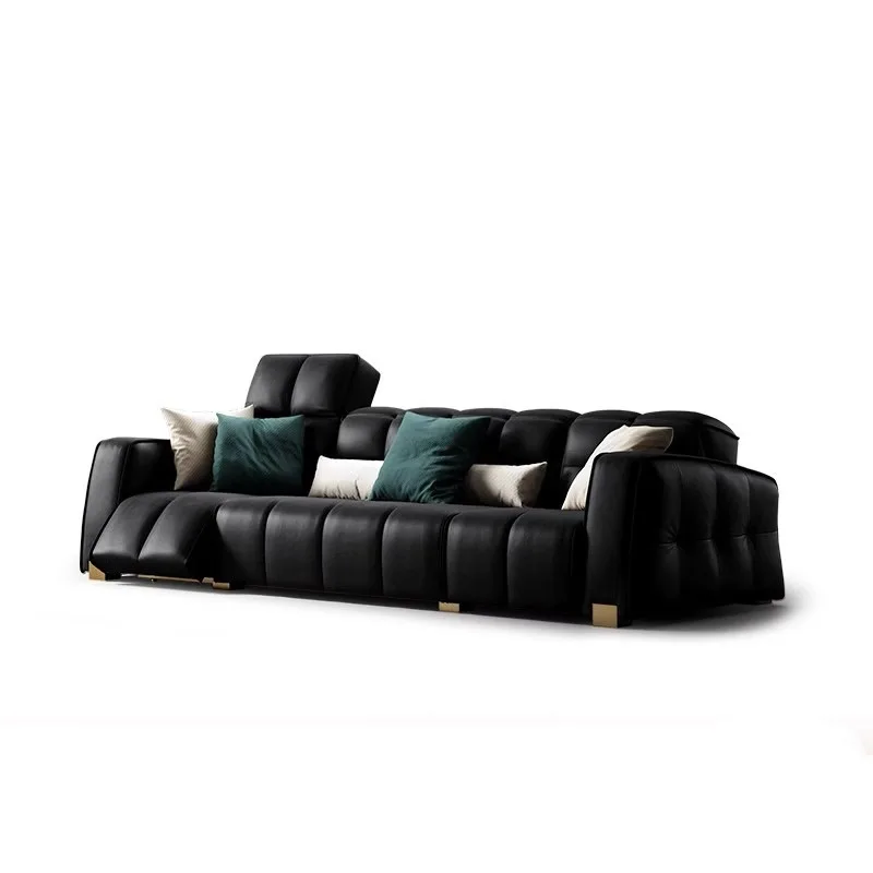 Black sofa multi-functional Italian villa living room leather sofa, large straight row high-end electric sofa
