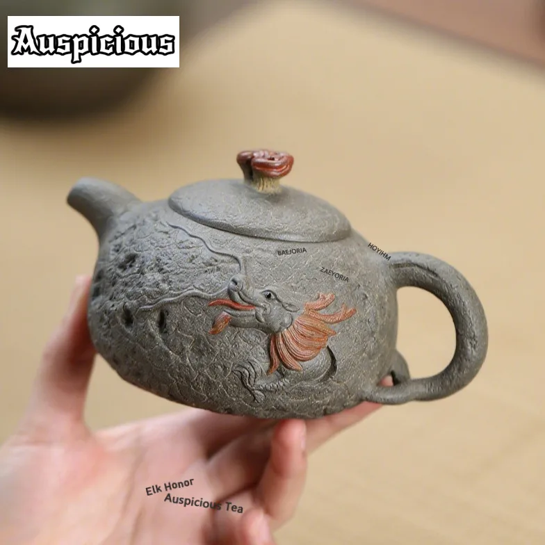 280ml Antique Yixing Purple Clay Teapots Handmade Spring Dargon Pot Raw Ore Blackish Green Mud Tea Making Kettle Zisha Teaset