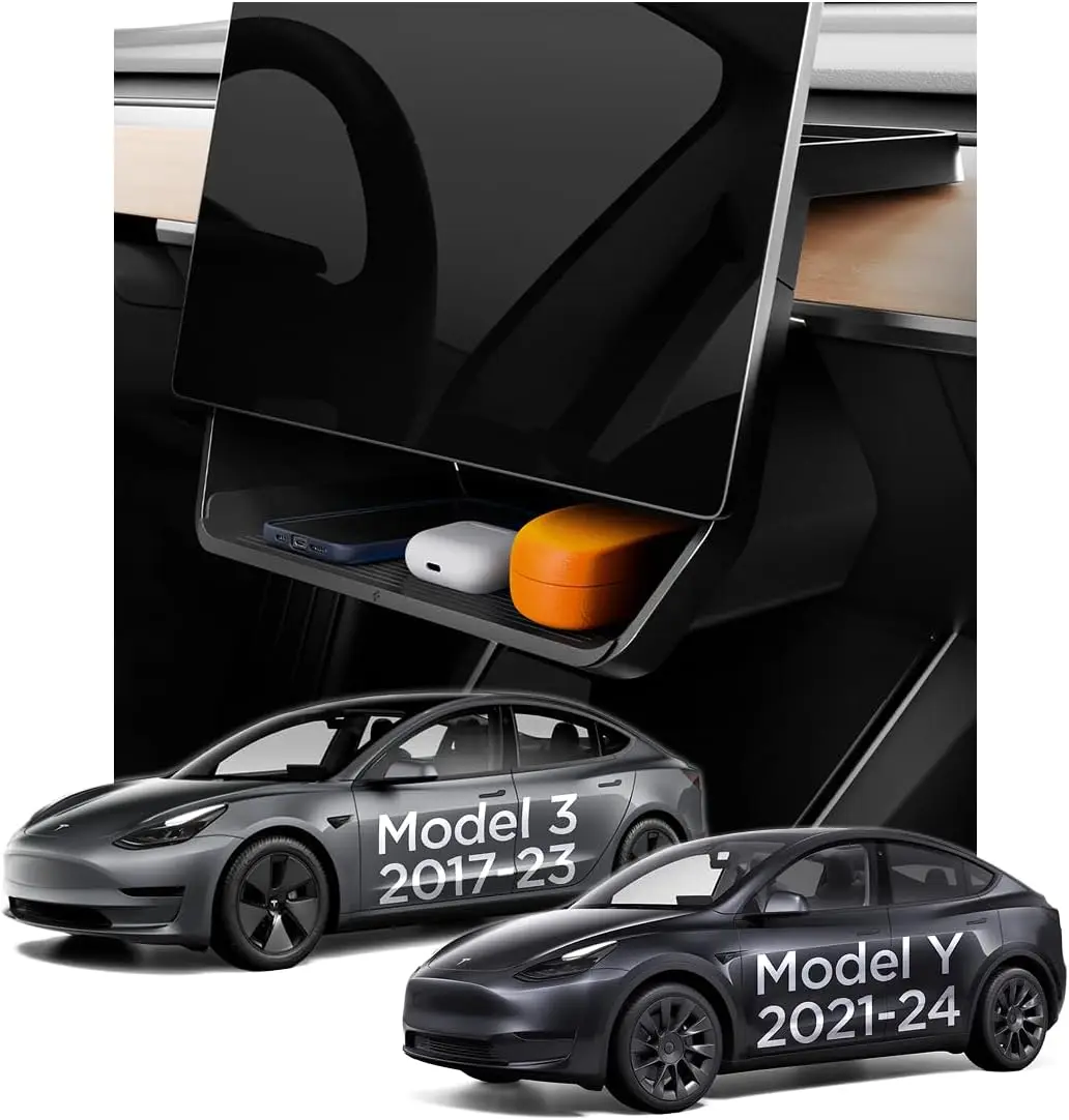 

Under Screen Storage Organizer for Tesla Model 3/Y, Smart Center Console Tray with Dual Shelves, Premium TPU & PC