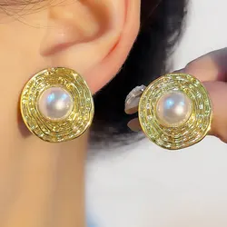 Korean Irregular Baroque Bimitation Pearl Round Stud Earring for Women Gold Color Earring Jewelry Simple Valentine's Day Gift