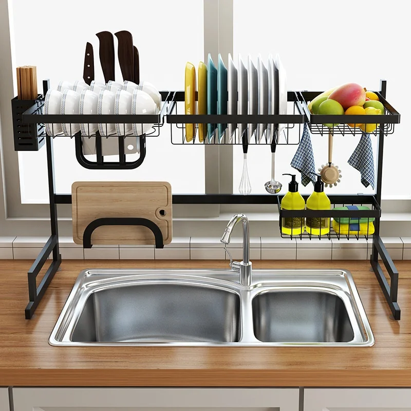 Stainless steel kitchen 2 tier dish rack sink drying rack black bowl storage shelving over the sink dish draining rack