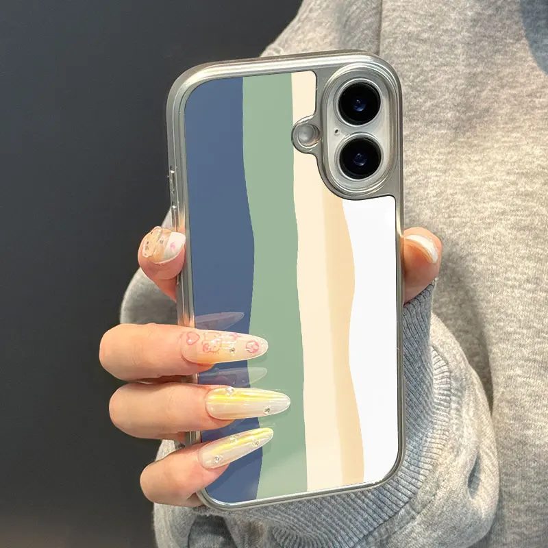 Funda de teléfono anticaída de TPU epoxi con borde plateado con patrones de ondas multicolores para iPhone XR/11/12/13/14/15/16/17 Pro Max