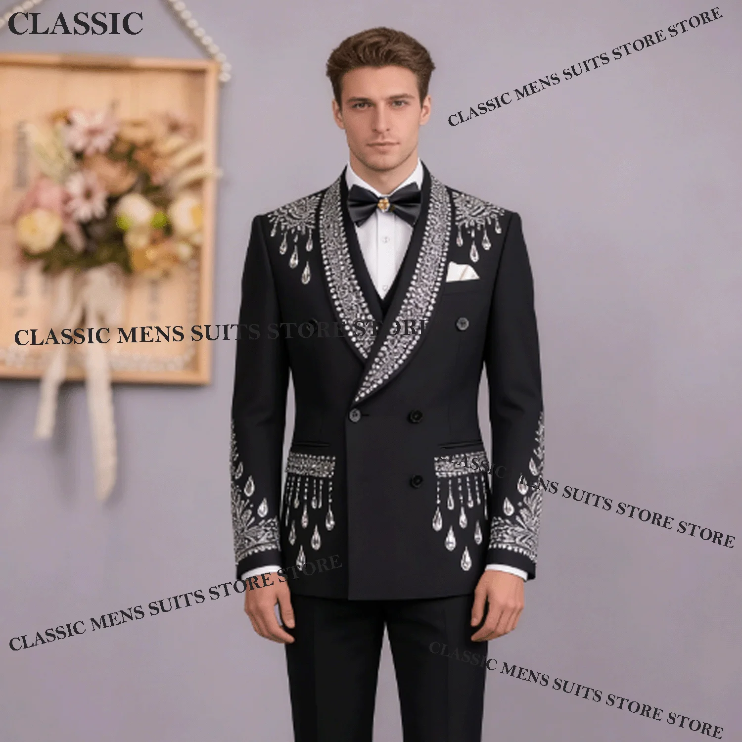 

Customized Formal Gem Beading Men Suits 3 Pieces Sets Male Party Blazers Sparkly Groom Wedding Tuxedos Slim Sequin Costume Homme