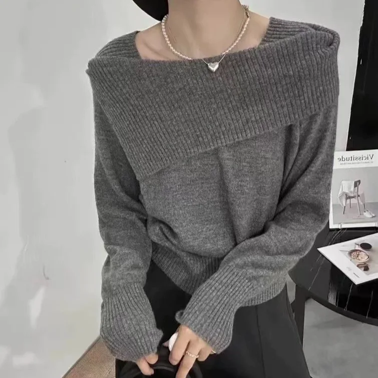Otoño Invierno nueva moda mujer Color sólido Simple básico elegante Casual moda Slash cuello manga larga suéter de punto jersey