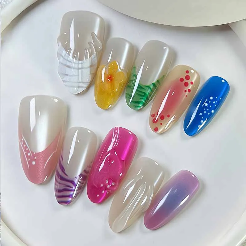 10pcs Women Girls Fashion Dopamine Relief Shell Beach Vacation Handmade Press on Nails Flowing Rainbow Almond Nails False Nails
