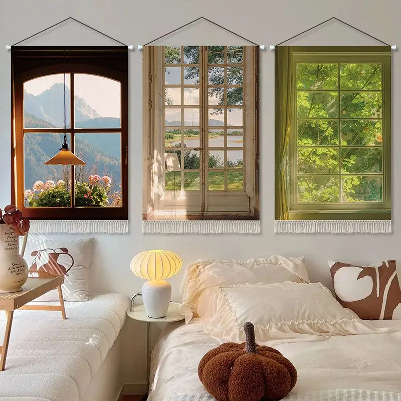 VIKAMA Fake Window Scenery Tapestry Nature Landscape View Green Plant Art Wall Hanging Bedroom Dorm Home Decor