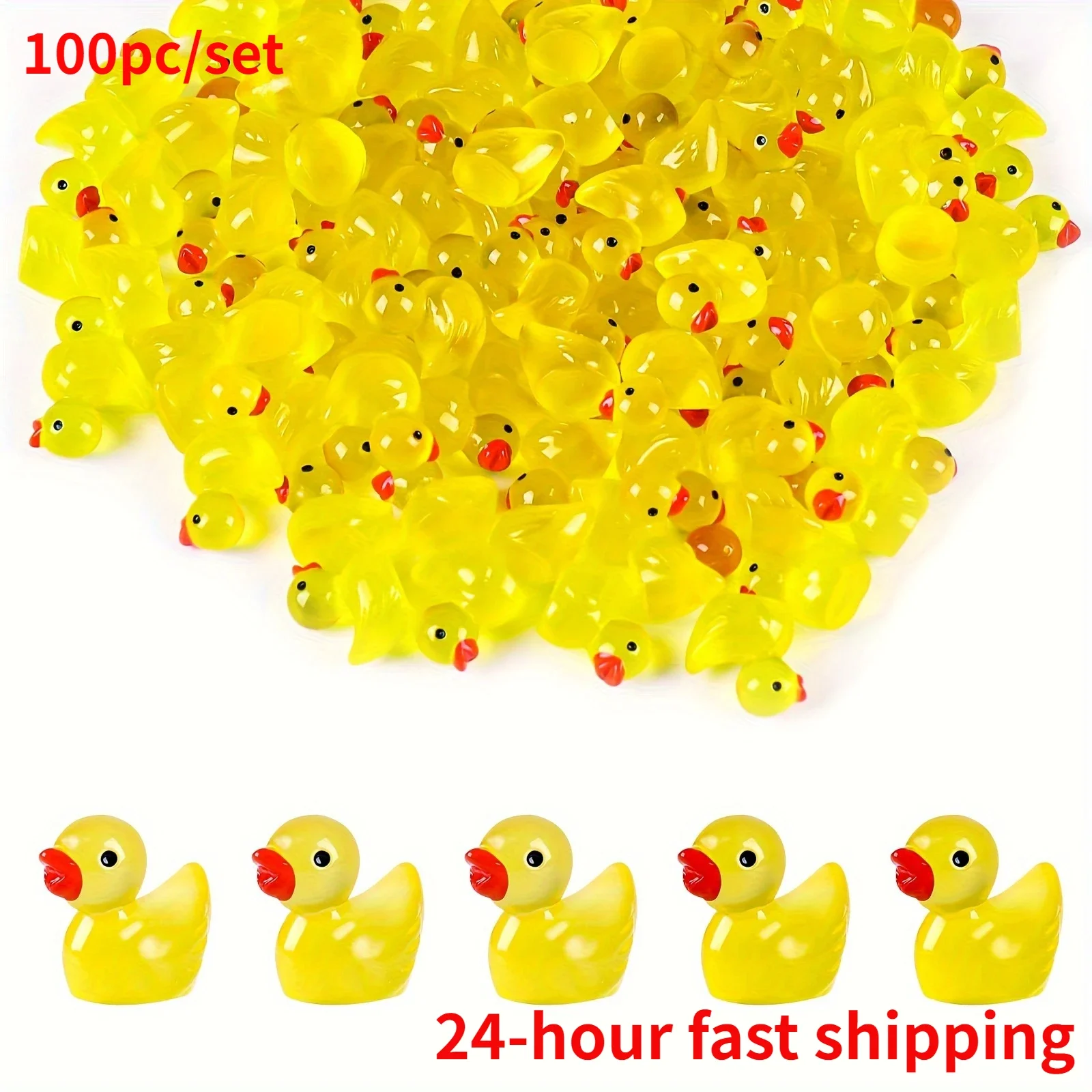 100pcs Luminous Resin Yellow Duckling Miniatures Doll House Glow-in-the-Dark Duck Figurines for DIY Aquarium Garden Decor