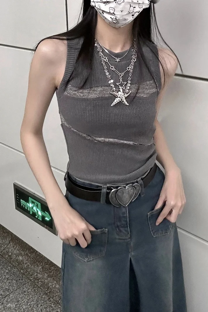 American Spliced Thread Camisole Vest Women Summer New Style Spicy Girl Slim Fit Round Neck Sleeveless Top Trendy