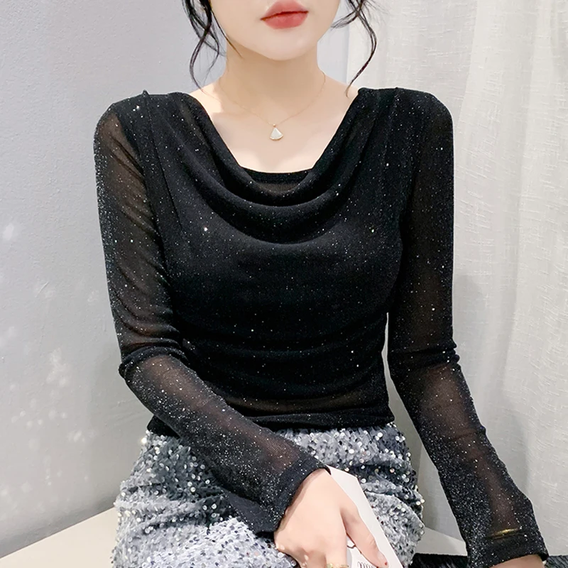 New Korean Fashion Pile Collar T Shirt For Women Bright Silk Mesh Tops Slim Fit Long Sleeve Casual Women Shirt