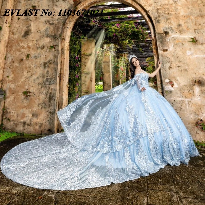 EVLAST Customized Quinceanera Dress Ball Gown 3D Floral Applique Beaded Cape Mexico Corset Sweet 16 Vestidos De XV 15 Anos SQ165