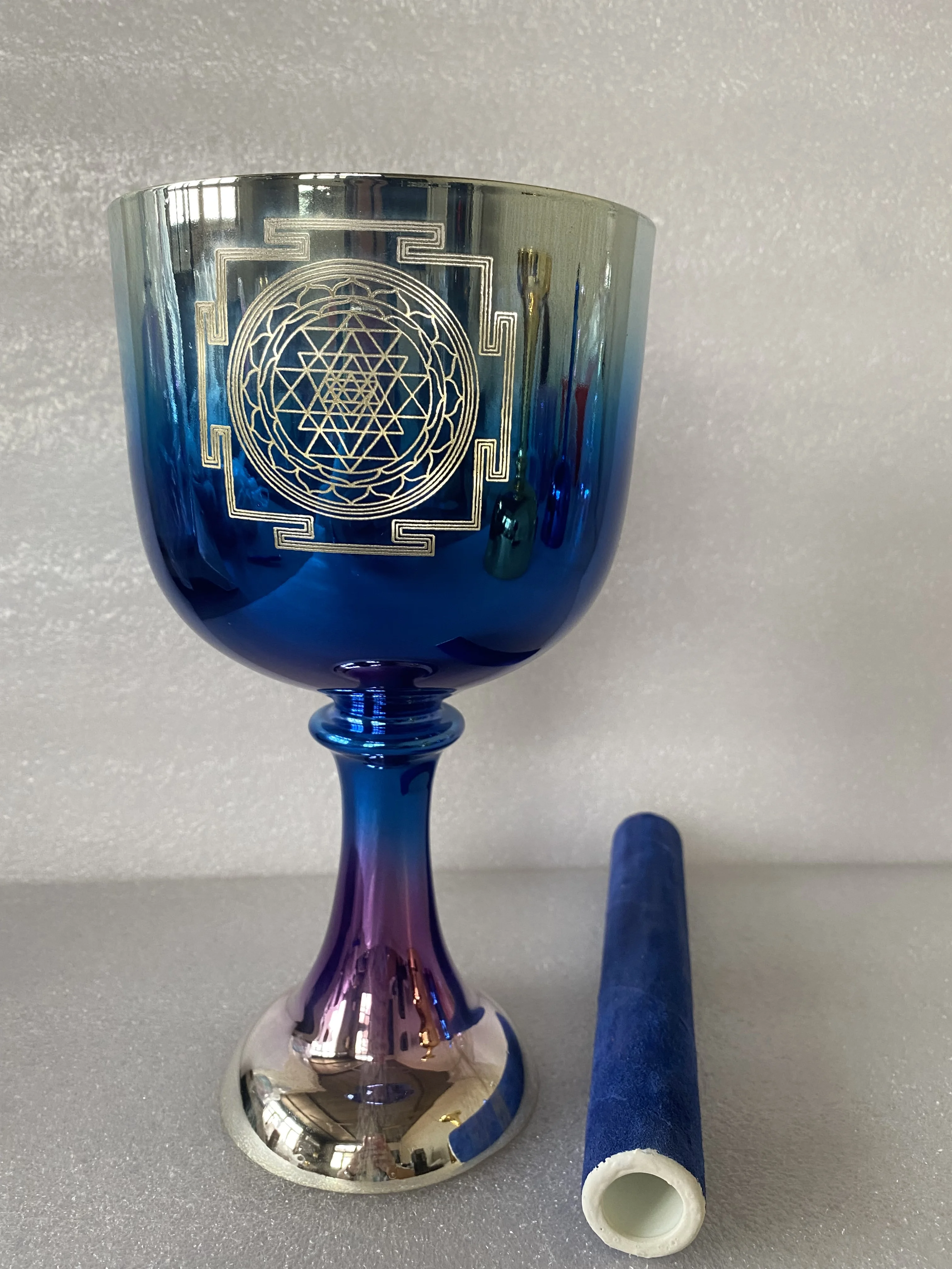 

4th octave "F" note heart chakra crystal singing chalice 432Hz mixed colors with Sri Yantra engraving for sound healing.