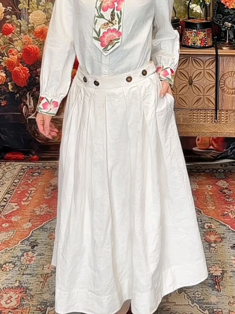 

Yang Li Designed Ethnic Sle Cotton Linen Pleated Embroidered Skirt Women's Autumn Winter Loose Waist f-length Skirt