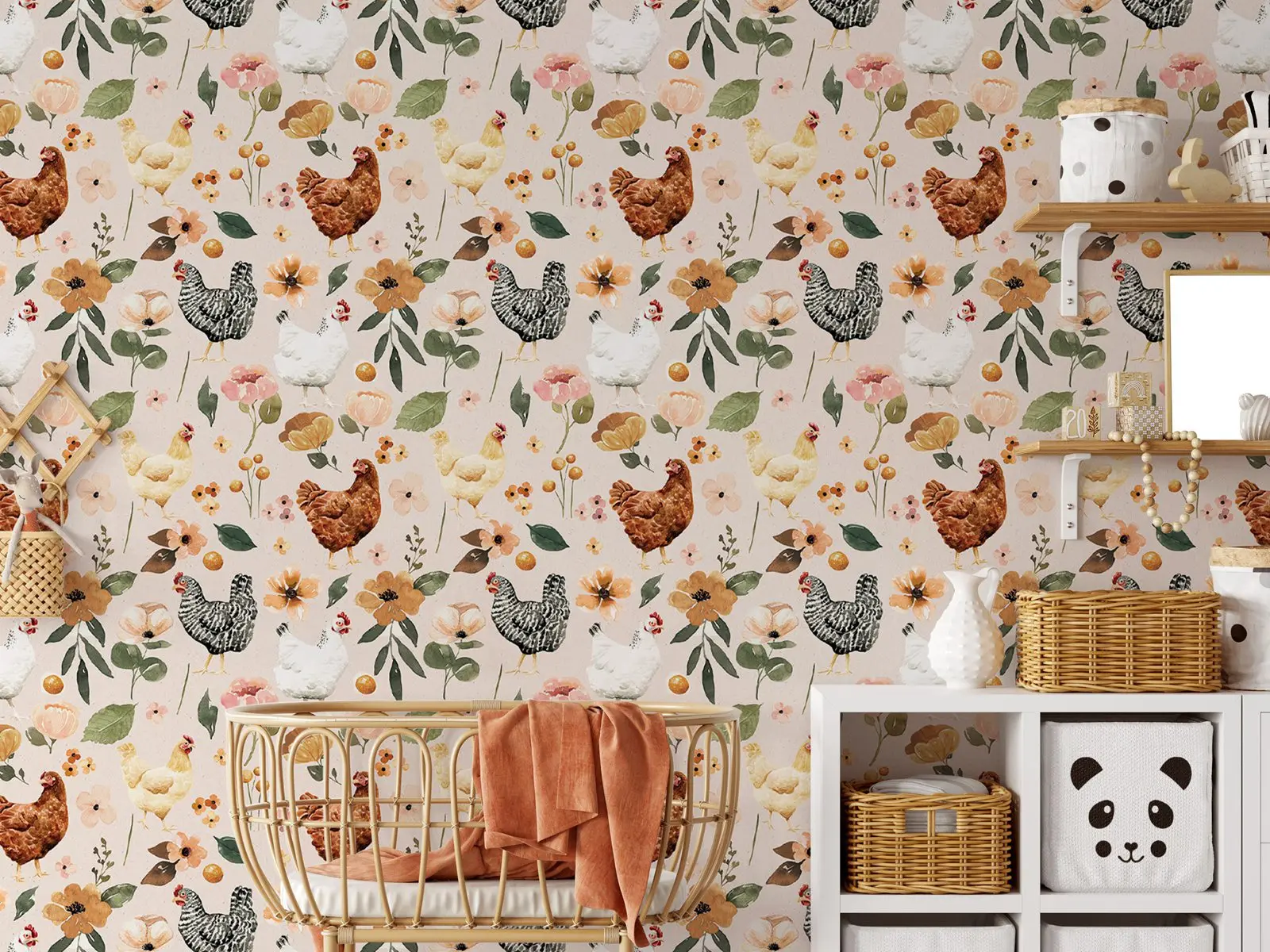 Farmhouse Wallpaper - Watercolor Chicken Floral Wallpaper - Painted Hens Chickens Peel and Stick Wallpaper,Removable Wallpaper