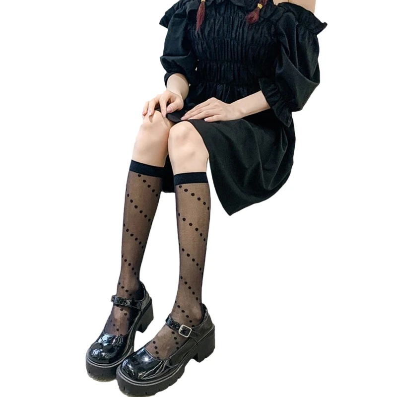 Women Silky Knee High Socks Japanese Preppy Vintage Twill Polka Dot Pattern Transparent Mesh Calf Stockings