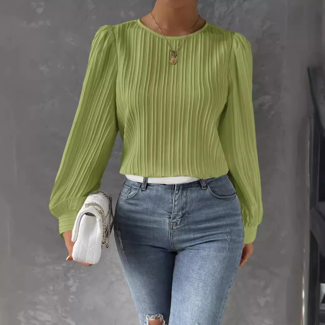 2025 Autunno Nuove Donne di Colore Solido Girocollo Allentato Versatile Top Per Le Donne Alla Moda Casual a maniche lunghe Camicia con maniche a lanterna