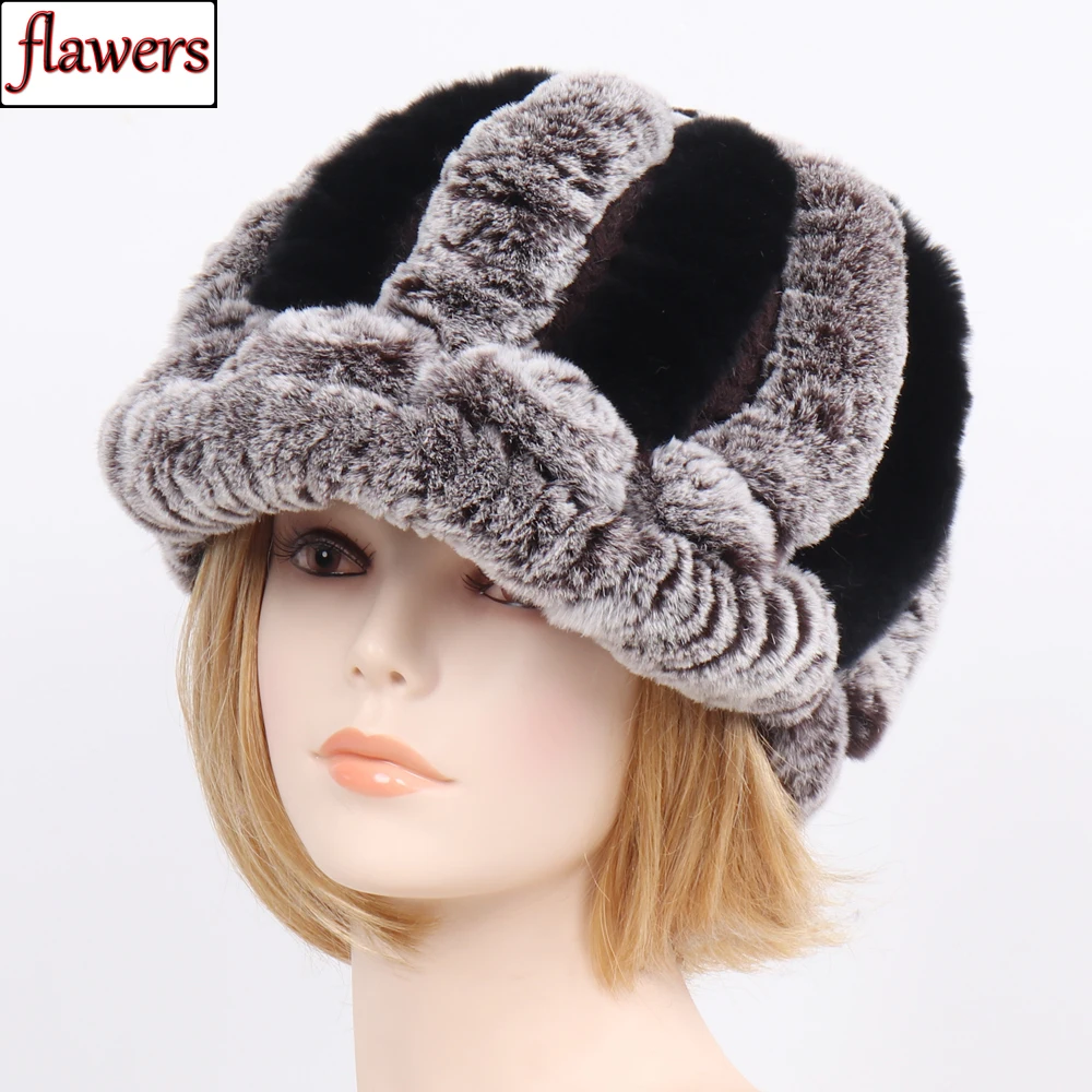 

New Ladies Winter 100% Natural Rex Rabbit Fur Hat Women Knitted Striped Genuine Rex Rabbit Fur Hats Flowers Warm Real Fur Cap