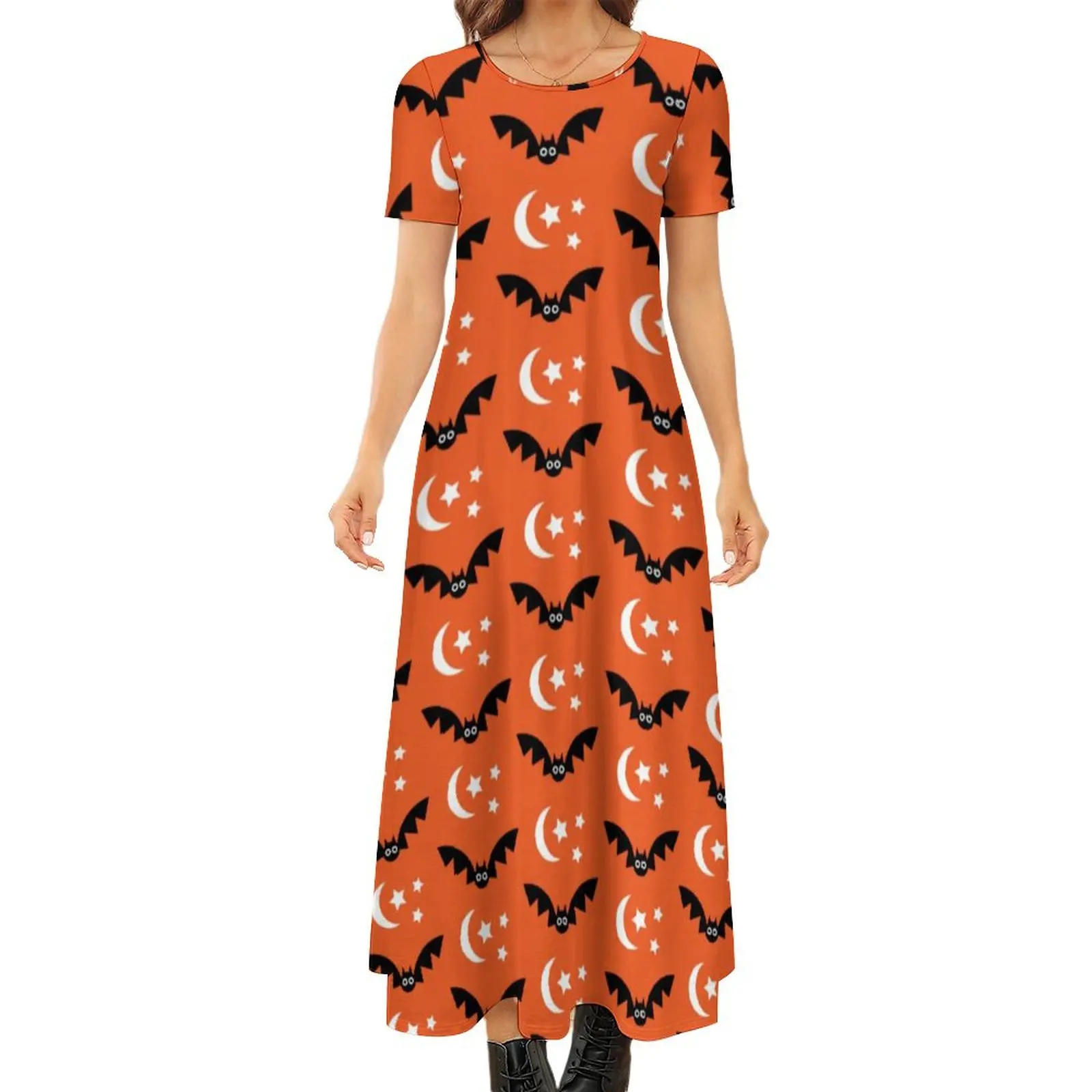 

Halloween Dress Orange Black Bats Vintage Maxi Dress Street Wear Boho Beach Long Dresses Women Short Sleeve Oversized Vestido