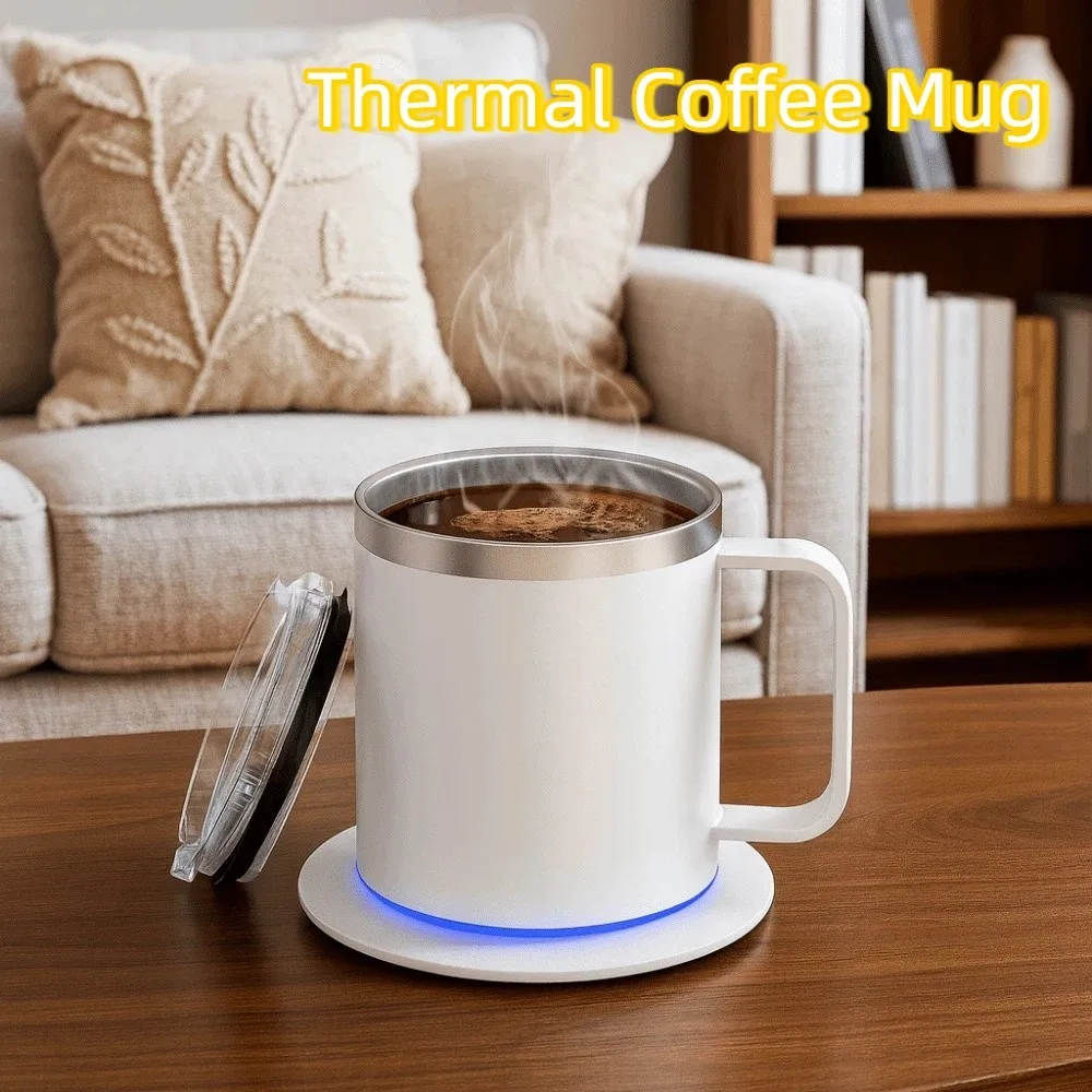 

Intelligent Self-Heating Coffee Mug with Lid USB Powered Auto Heat Coffee Mug Stainless Steel Double Layer
