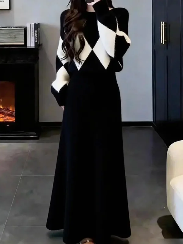 

Вязаный комплект Ele Bla для женщин: осенне-зимний винтажный топ с длинными рукавами и ромбовидным узором, а также длинная юбка, комплект из двух предметов