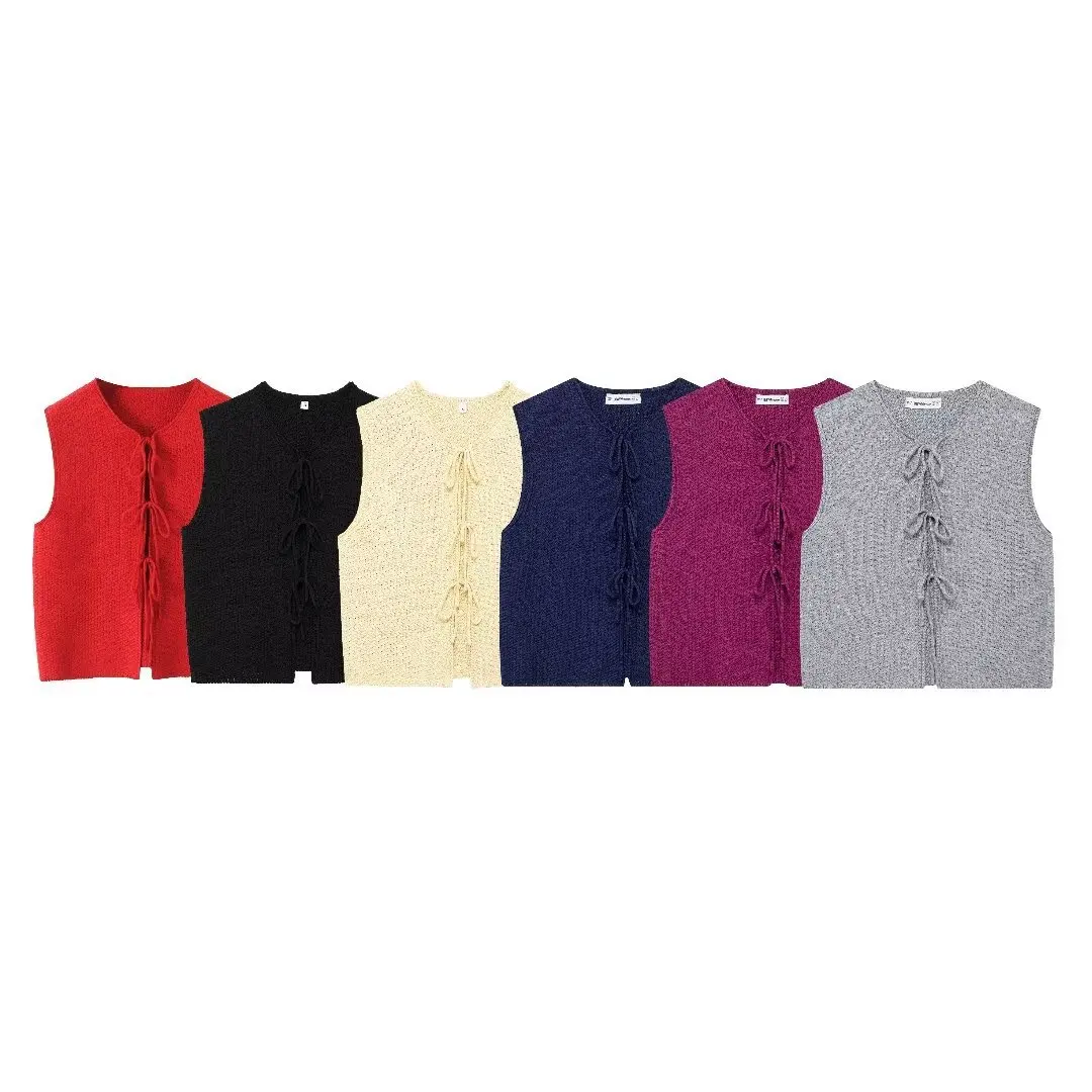 2024 Autumn Cropped Sweater Women Vests Red Loose Casual Sweater Vests Tie Up Sweater Vest For Women Luxury Clohtes Cardigans