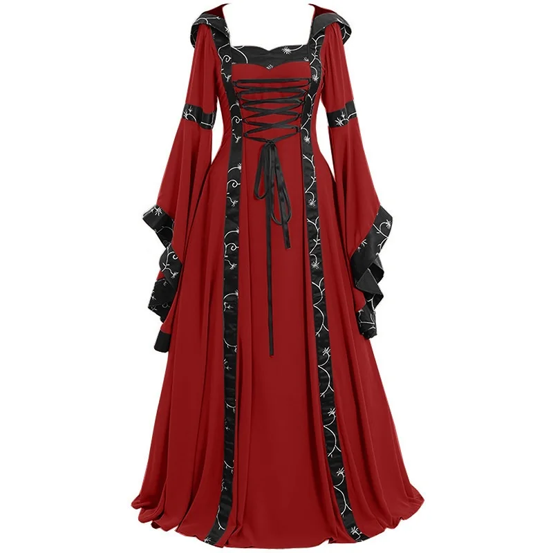 Medieval Retro Hooded Square Neck Solid Color Thin Strap Lace Flared Sleeve A-line Dress