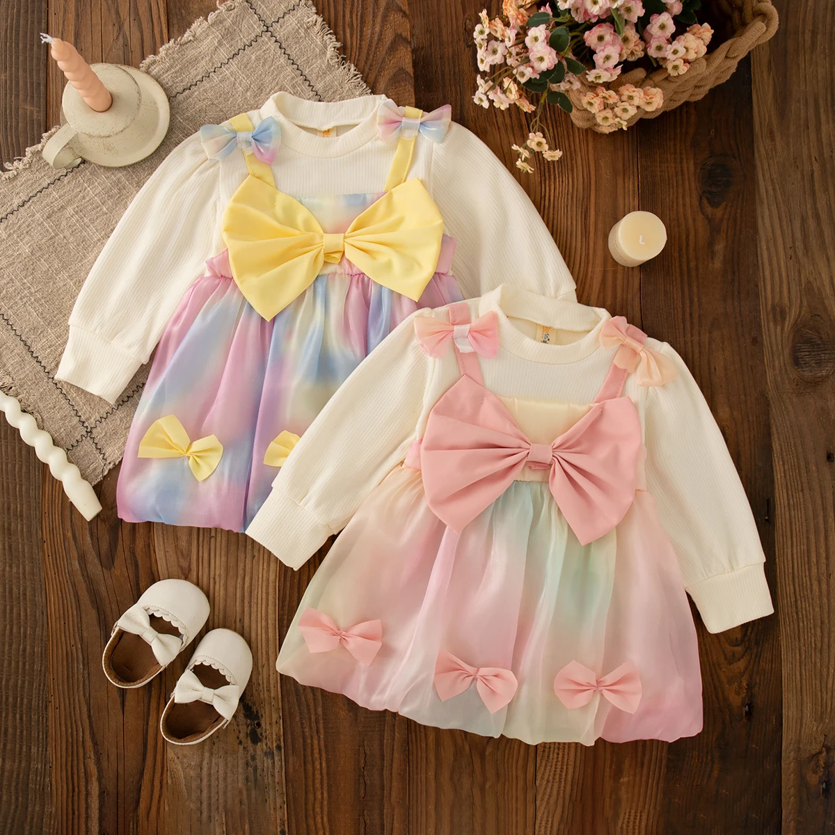 

Платья для девочек, весенне-осеннее хлопковое платье с градиентом и бантом для маленьких девочек, милое и милое платье принцессы, одежда для малышей