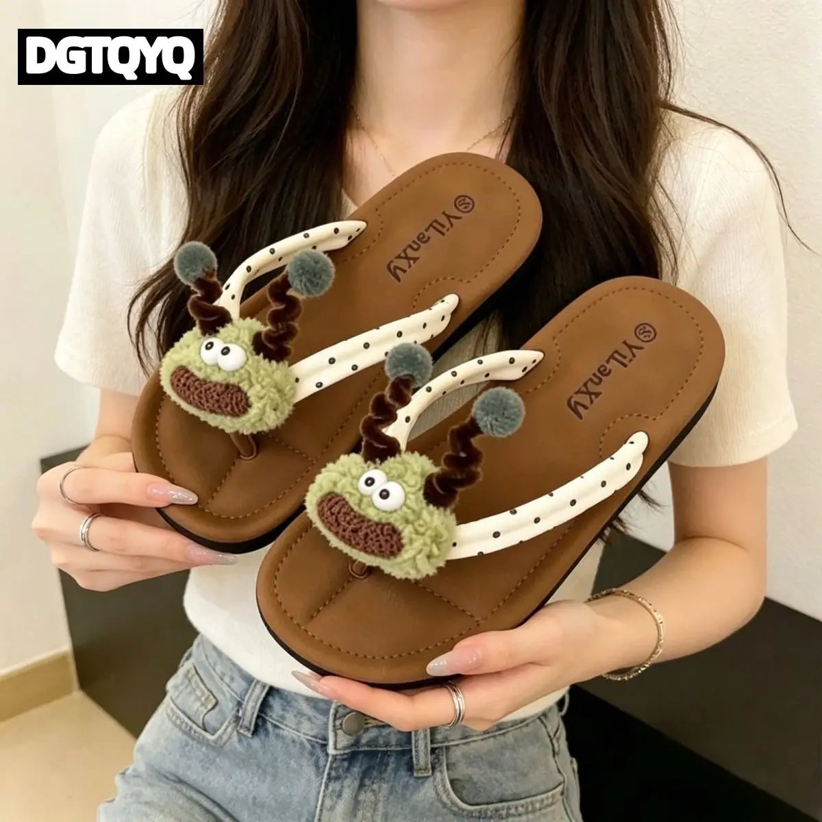 Funny Cartoon Doll Monster Slippers Summer Woman Sweet Polka Dot Flat Slippers Girl Korean Style Outdoor Flip-flops Beach Shoes
