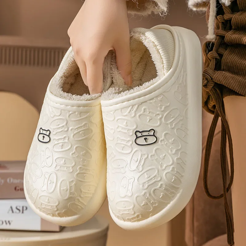 Cotton Slippers Home Bear Ladies Winter New Indoor Home Waterproof Non-slip Men and Women Plus Velvet Warm Confinement Shoes