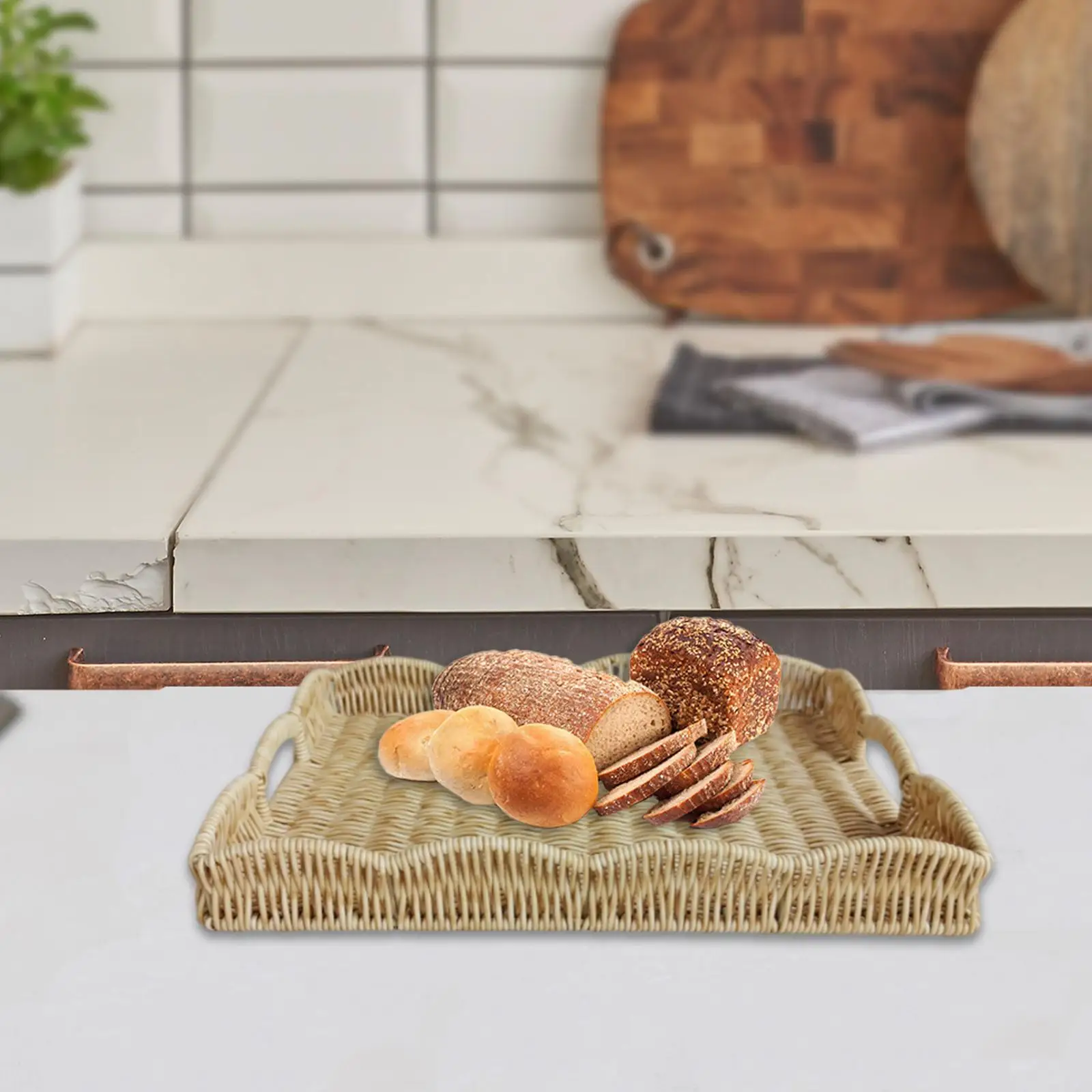 Woven Kitchen Storage Basket Hand Woven Fruit Serving Tray for Tabletop Home