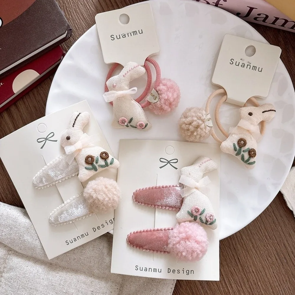 Sweet Pink Velvet Hair Clips Set Cartoon Rabbit 3D Embroidery Side BB Clips Princess Style Pom Pom Hair Ties for Girls