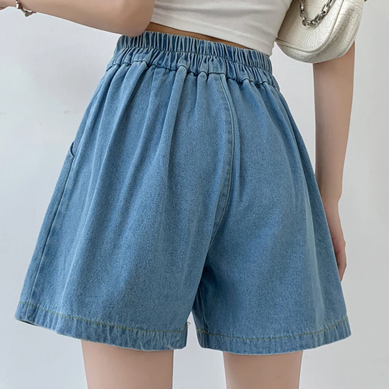 Hohe Taille weites Bein Jeans Frauen übergroße elastische Taille plissiert blau hübschen Stil Mode Taschen rock lässige Shorts Röcke