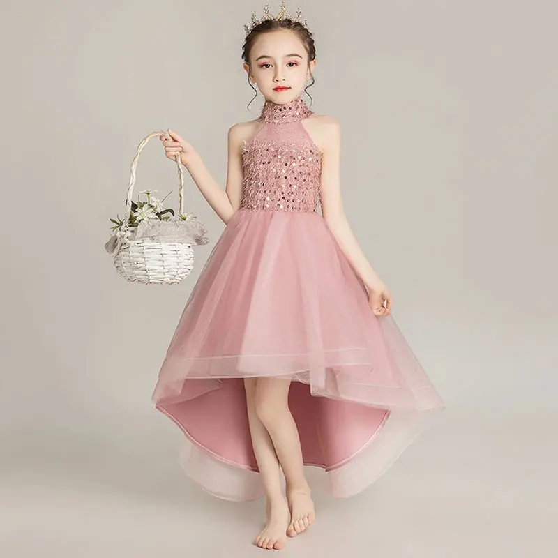 White Flower Girls Dresses Sequin Tutu High-low Halter Ball Gown Teen Girls Formal Evening Cocktail Long Pageant Dress Halloween