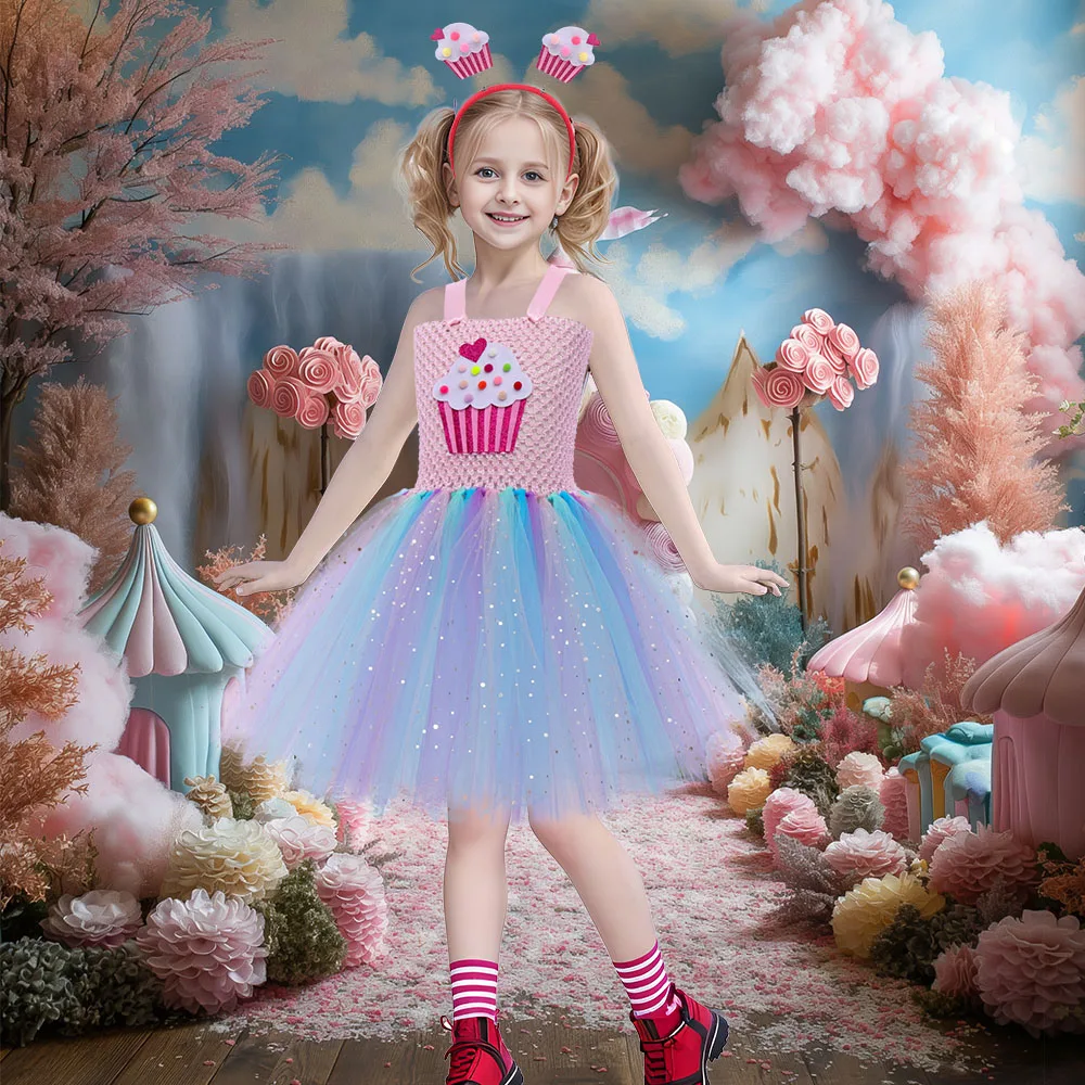 Pastel Rainbow Girls Cupcake Costume Sweet Candyland Girl Tutu Dress with Headband Baby Birthday Outfit Princess Ball Gown