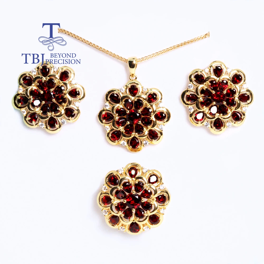 Gorgeous design January Birthstone Natural Garnet Ring Earrings Necklace silver set Women anniversary & Wedding & banquet gifts