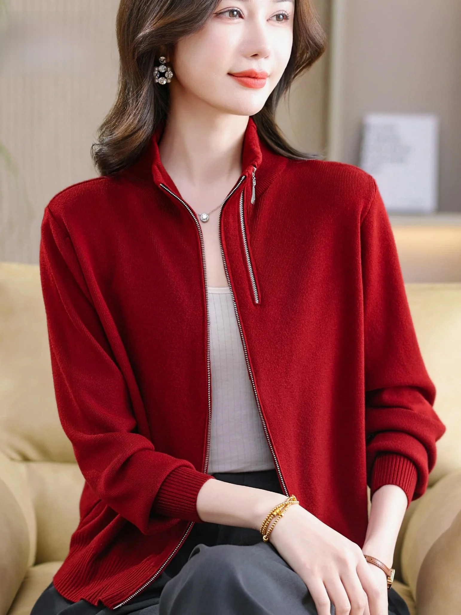 

Весенний модный короткий вязаный шерстяной кардиган на молнии с воротником-стойкой для женщин, повседневный, универсальный, очень теплый топ MAO@IFEI Phi