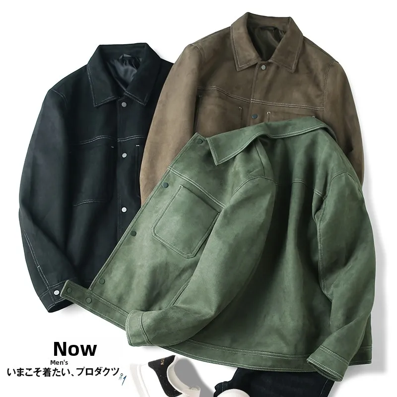 

Мужская повседневная куртка из замши в стиле ретро с отложным воротником, городской стиль, приталенный крой, длинный рукав, на одной пуговице