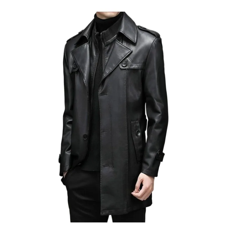 جديد الراقية سترة جلدية الرجال متوسطة وطويلة جلد العجل سترة دعوى الصوف سميكة وسيم خندق معطف جلد طبيعي #5